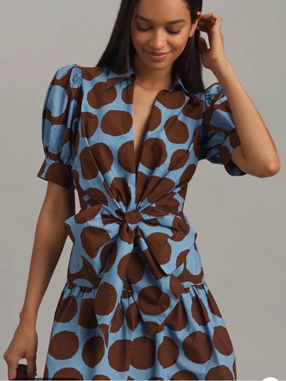 New Farm Rio Short-Sleeve Bow-Front Mini Dress Blue Brown size XL